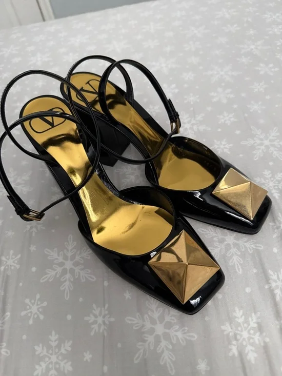 Valentino Black Patent Slingback Pumps with Gold Pyramid Accent - Picture 4 of 15
